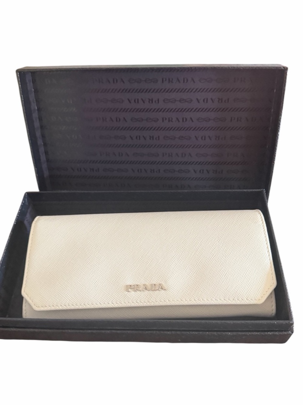 PRADA off-white Saffiano leather continental wallet in its original box Italy